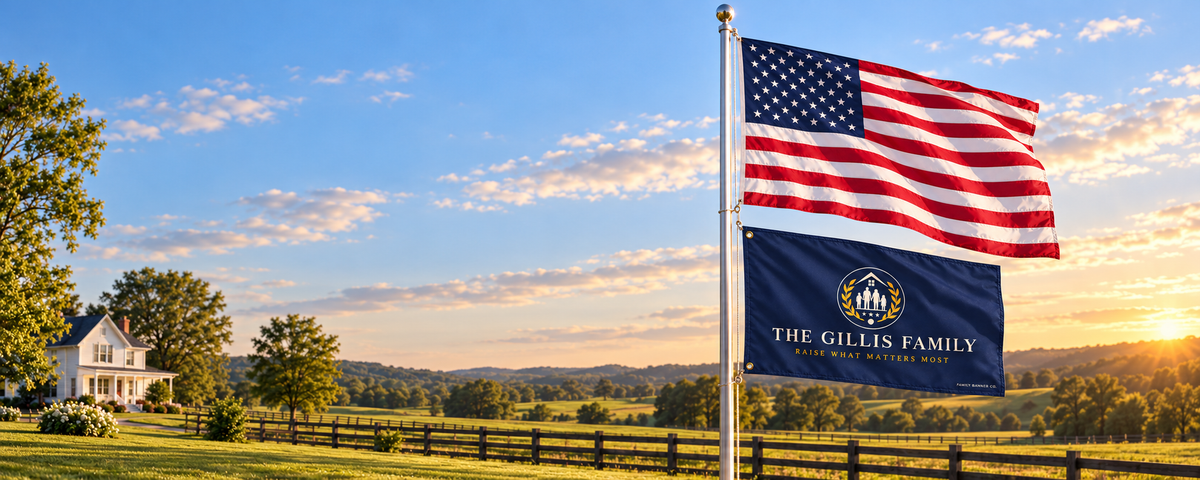 Personalized Family Banner Co. flag flying beneath the American flag over a farmhouse pasture at sunset