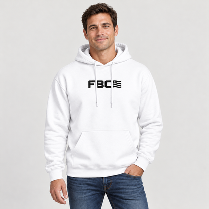 Model wearing the FBC Flag Everyday Hoodie in White