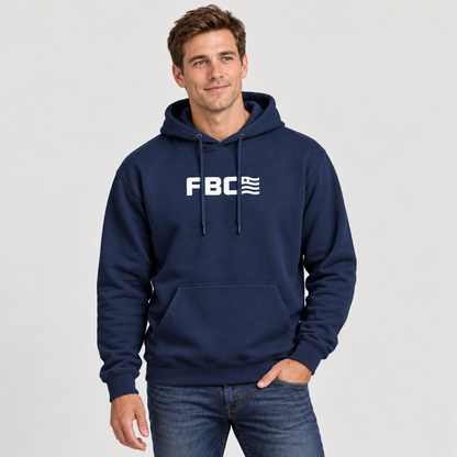 Model wearing the FBC Flag Everyday Hoodie in Classic Navy