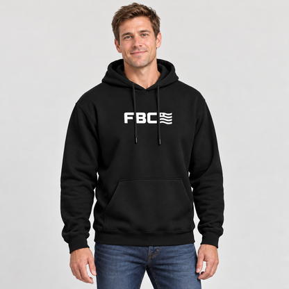 Model wearing the FBC Flag Everyday Hoodie in Black