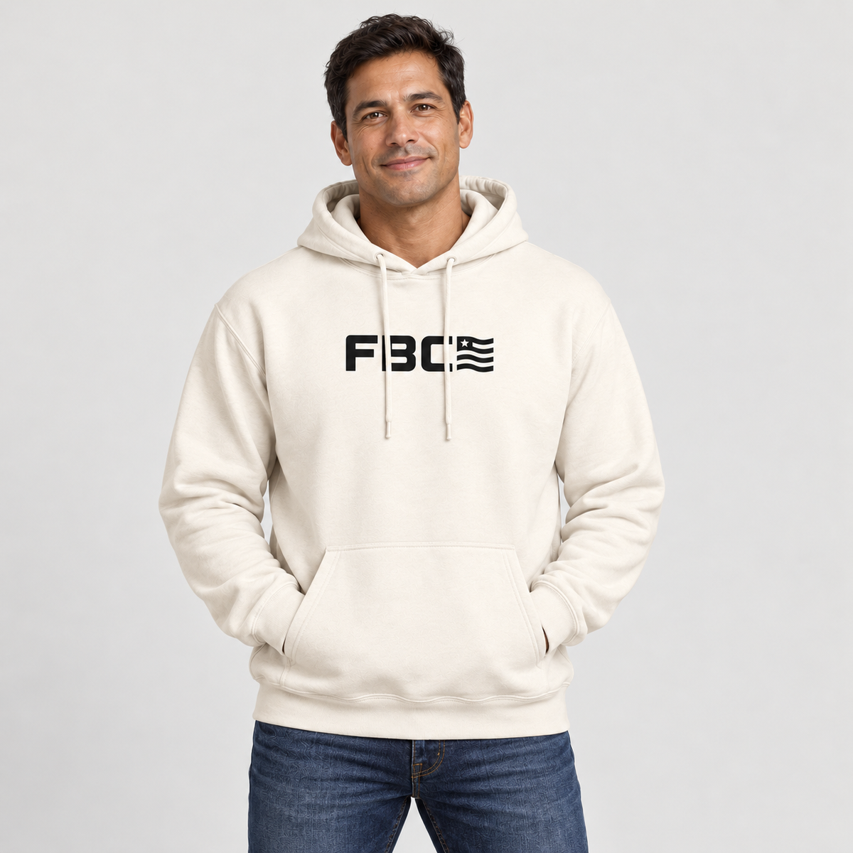 Model wearing the FBC Flag Everyday Hoodie in Bone