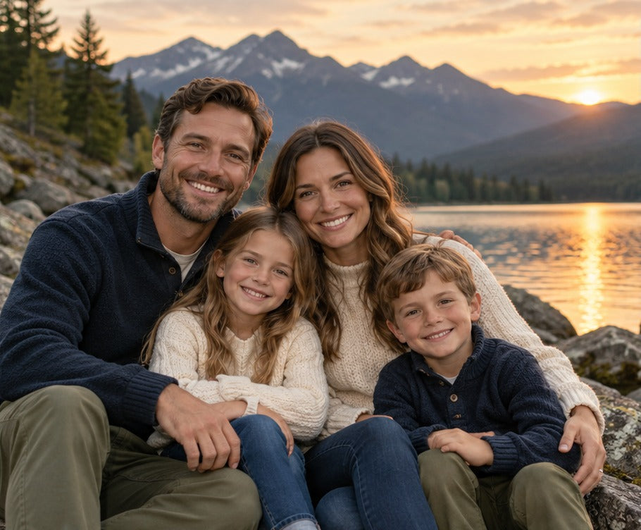 A smiling family of four sitting together by a mountain lake at sunset